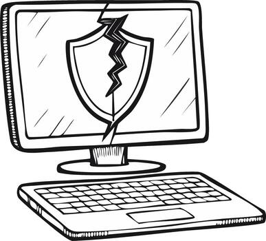 Hand drawn laptop computer with a broken shield icon on the screen representing a security breach or virus attack vector