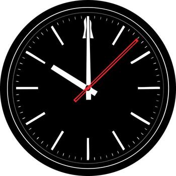 Sleek Black Analog Clock Displaying Exact Time with Contrasting Red Second Hand vector