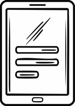 Digital Tablet Device with Lines, Icons, Menu and Message Hand Drawn Black Outline vector