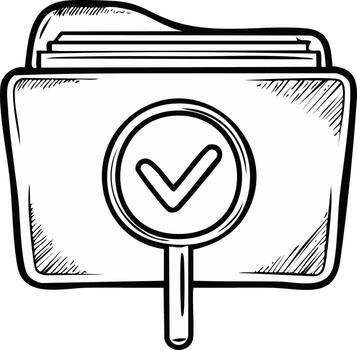 Hand drawn sketch of a folder with a magnifying glass and check mark symbol indicating successful search vector