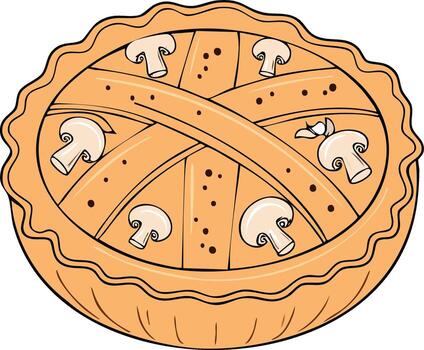 Top view cartoon illustration of a savory mushroom pie with a decorative lattice crust vector