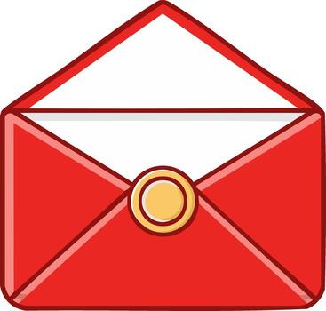 Red open envelope with a golden wax seal on the flap displaying an important message or invitation vector