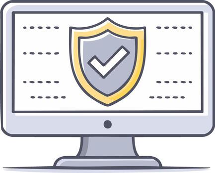 digital seguridad verificado en monitor, datos proteccion demostración marca de verificación en pantalla, intimidad confirmación dibujos animados ilustración vector