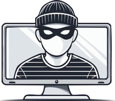 Cyber Thief Illustration Hacker Emerging from Computer Monitor Security Breach vector