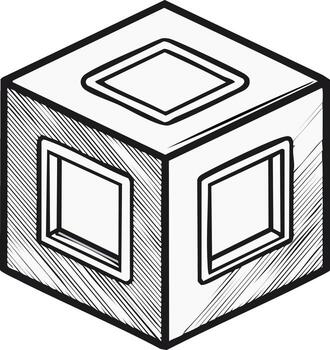Isometric cube illustration with square cutout windows and etched textures vector