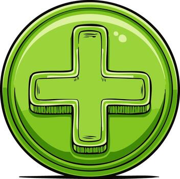 verde lustroso botón con un elevado más símbolo y contorno vector