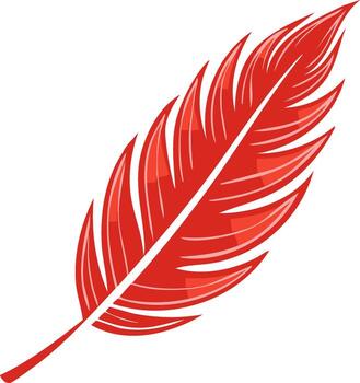 Elegant single red feather illustration with a stylized, graphic design isolated on a clean background vector