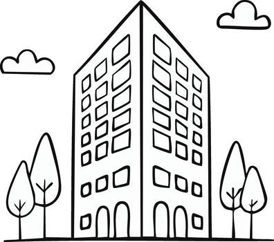 mano dibujado dibujos animados de varios pisos edificio con arboles y nubes en garabatear estilo ilustración vector