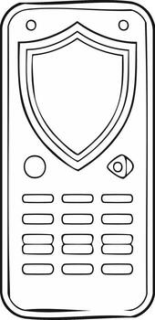 Black and white outline drawing of a vintage mobile phone featuring a shield symbol on its screen and a numerical keypad vector