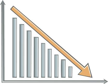 Declining chart with an orange arrow pointing down representing losses in business vector