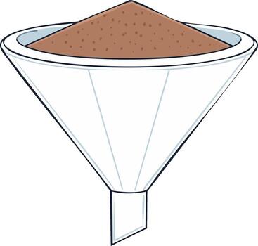 un sencillo dibujos animados embudo con marrón polvo dentro ilustrando un filtración clasificación o selección proceso vector