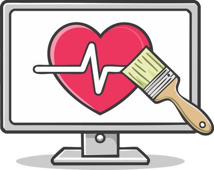 escritorio computadora mostrando rojo corazón gráfico, pintura o fijación corazón, plano ilustración de creatividad para sano vida vector