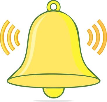 Illustration of a bell, yellow in color with sound wave graphic emanating from either side, simple graphic art style vector