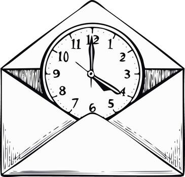 Timely message concept with clock face in open envelope hand drawn illustration vector