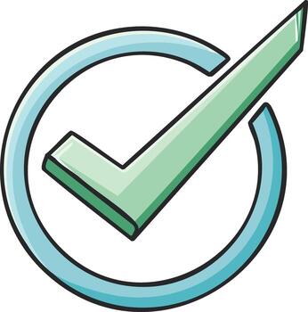 Green checkmark within a blue circle symbolizing confirmation or approval in a clean graphic style vector