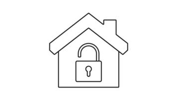 animerad täcka över av hus ikon med looped hänglås öppning och stängning på vit bakgrund. minimal svart översikt design som visar Hem tillgång, skydd eller säkerhet systemet. begrepp. Hem säkerhet. video