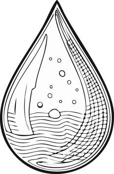 Minimalist water drop illustration featuring internal bubbles, wavy lines, and net pattern vector