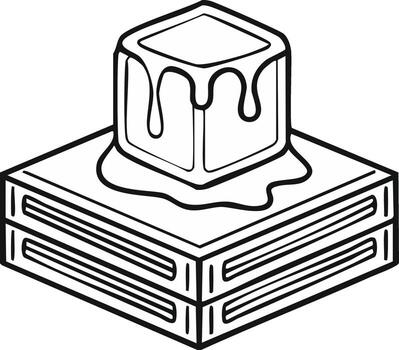 Drawing style illustration of ice cube melting on top of box. Outline sketch depicts frozen cube covered with water on a square shaped box vector