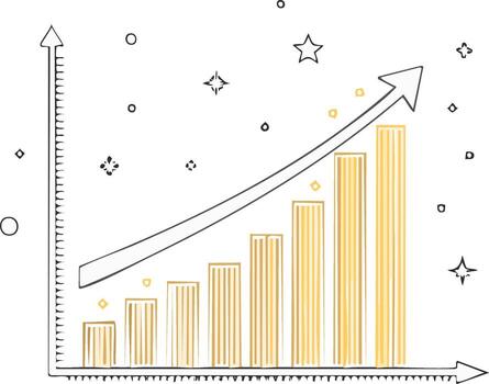 Hand drawn doodle of a rising bar chart with an upward arrow symbolizing growth and success vector