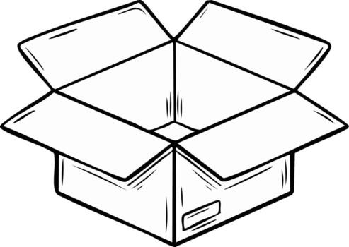 Open empty cardboard box with sketch style outlines and shading vector