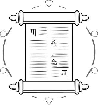 Ancient scroll illustration with mysterious symbols and decorative elements in grayscale vector