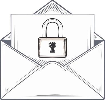 Hand drawn illustration of secure confidential message locked within an open email envelope vector