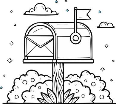 caprichoso línea Arte buzón con sobre y bandera rodeado por nubes y estrellas vector