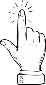 Drawn hand with index finger pointing and glowing effect signifying action or selection vector