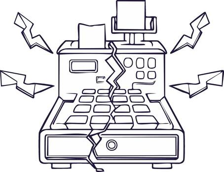 Broken Cash Register with Lightning Bolts, Symbolizing Business Problems and Financial Difficulties vector