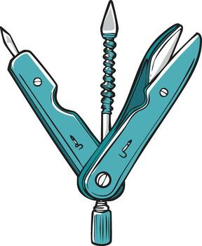 Teal multi tool illustration with knife scissors and awl for utility and preparedness concept vector