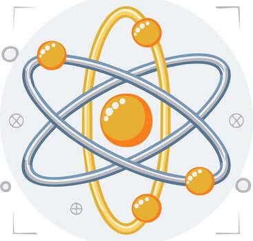 Atomic structure illustration, science concept. Orange and yellow atom model in a grey circle vector