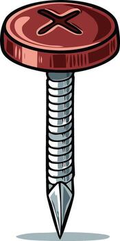 Stylized cartoon drawing of a red headed Phillips screw with a threaded metal shank vector