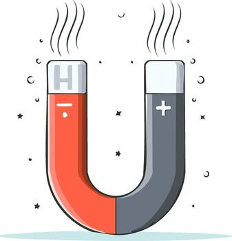 U shaped magnet illustration with positive and negative poles creating magnetic field effect vector