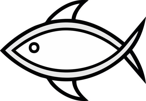 Simple stylized line art of a fish, rendered with gray infill and dark outlines, creating a clean aquatic symbol, minimalist design vector