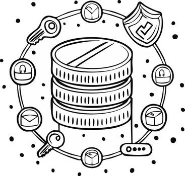 Data Storage Security Shield Lock Access Keys Encrypted Round Icons Black Line Art vector