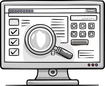 Digital interface with magnifying glass and checkboxes for web search vector