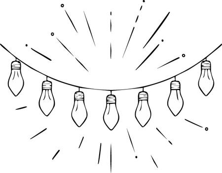 Hand drawn string lights with radiant lines and dots illustration vector