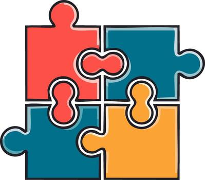 Colorful four piece jigsaw puzzle connected together as a symbol of teamwork and problem solving vector