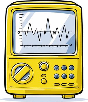 Cartoon illustration of an oscilloscope with a waveform showing the signal vector