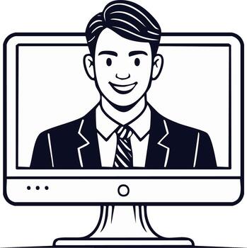 Smiling businessman on a computer monitor for a virtual meeting or conference call vector