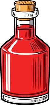 Stylized Bottle with Red Liquid and Cork Stopper - Container of potion, elixir or homemade drink, isolated on white vector