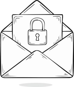 Hand drawn illustration of a secure message with a padlock symbol inside an open envelope vector