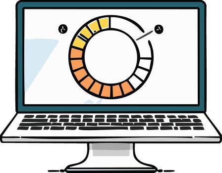 Monitor Displaying Progress Circle with Pointer, Progress Bar, and Icon with Lines vector