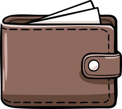 Cartoon style brown wallet illustration with papers peeking out and a secure button flap vector