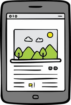 Cartoon mobile device displaying web content, including a landscape image and text on screen vector