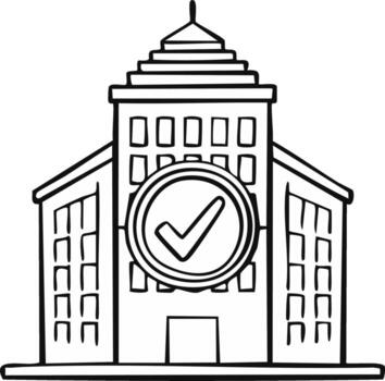 Building illustration with a checkmark inside a circle for approval, validation, and success vector