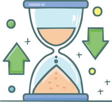 hora administración y proceso fluir concepto con reloj de arena y flechas icono vector