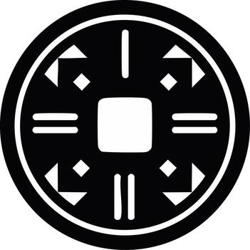 Symbolic ancient coin icon with square hole and arrows representing prosperity and wealth, in black and white vector
