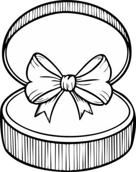 Outline drawing of an opened round gift box with a tied bow for coloring book or design element vector