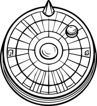 Black and white line art of an ancient circular strategy board game with a token on the grid vector